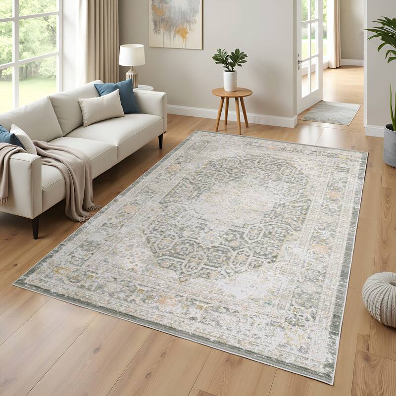 Calliope Textural Distressed Traditional Grey/ Orange Area Rug
