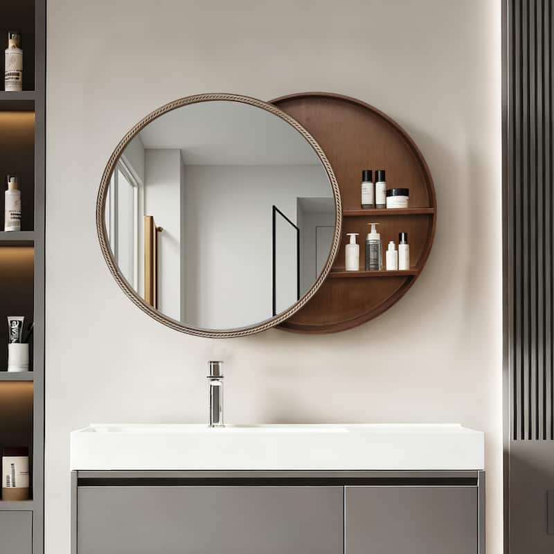 23.62" Sliding Round Wall Mirror with Storage Shelves - 2-Tier Wooden Side Cabinet, Space-Saving Hanging Mirror - Natural Wood