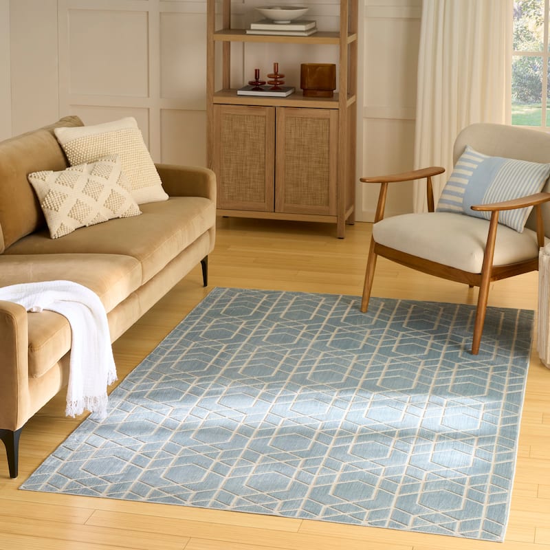 Nourison Washable Charm Indoor only Geometric Area Rug - Blue/Ivory - 6' x 9'