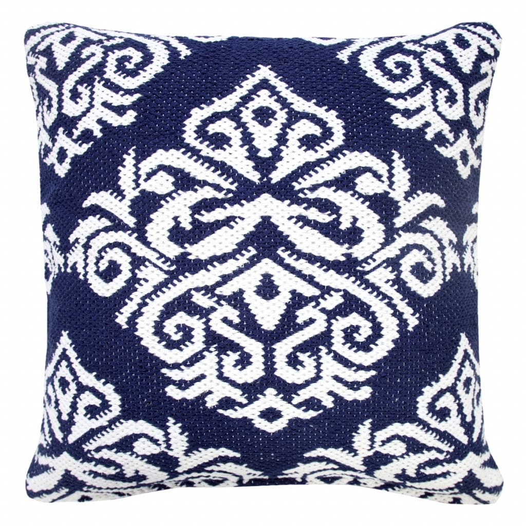 HomeRoots 20" Blue And White Damask Cotton Throw Pillow