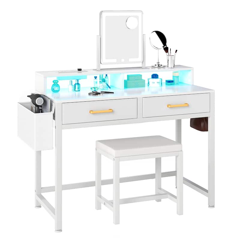 Moasis Vanity Desk with Mirror & Lights, Cream White Makeup Table Set with Stool - 31.5'' W X 21.5''D X 30''H