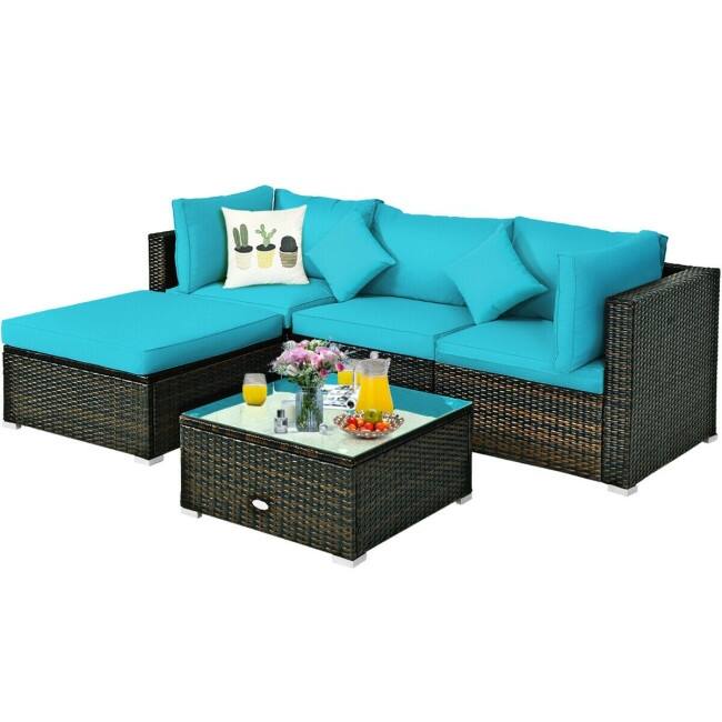 5 Pcs Outdoor Patio Rattan Furniture Set Sectional Conversation with Cushions - 29.5'' x 29.5'' x 25.5'' (L x W xH)
