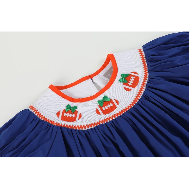 Lil Cactus Blue and Orange Football Smocked Bishop Dress