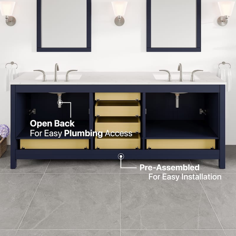 Aberdeen 72"W Blue DS Bath Vanity with Carrara Quartz Top & Undermount Sinks
