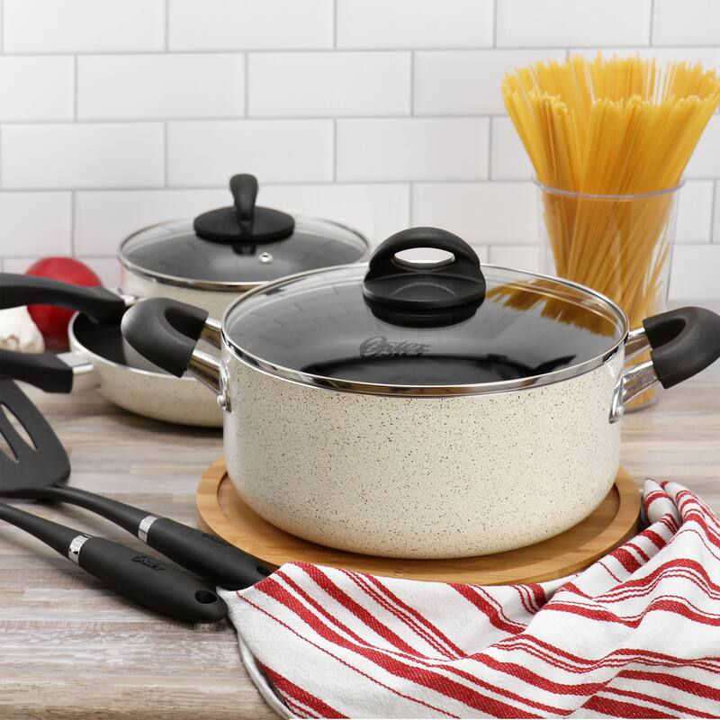 Oster Clairborne 7 Piece Nonstick Aluminum Cookware and Kitchen Tool Set in Linen