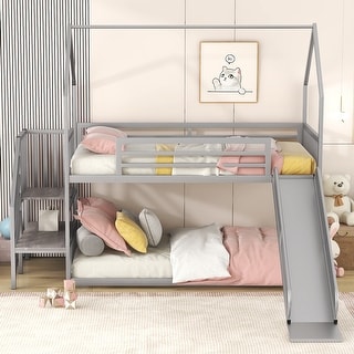 Playful Metal Bunk Bed with Convertible Slide and Staircase, Solid Construction, Sliver