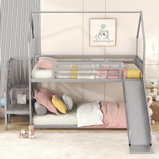 Silver Twin over Twin with House Roof Frame, Noslats Floor Bed, Slide and Storage Shelf Staircase Low Bunk Beds Metal House Bed