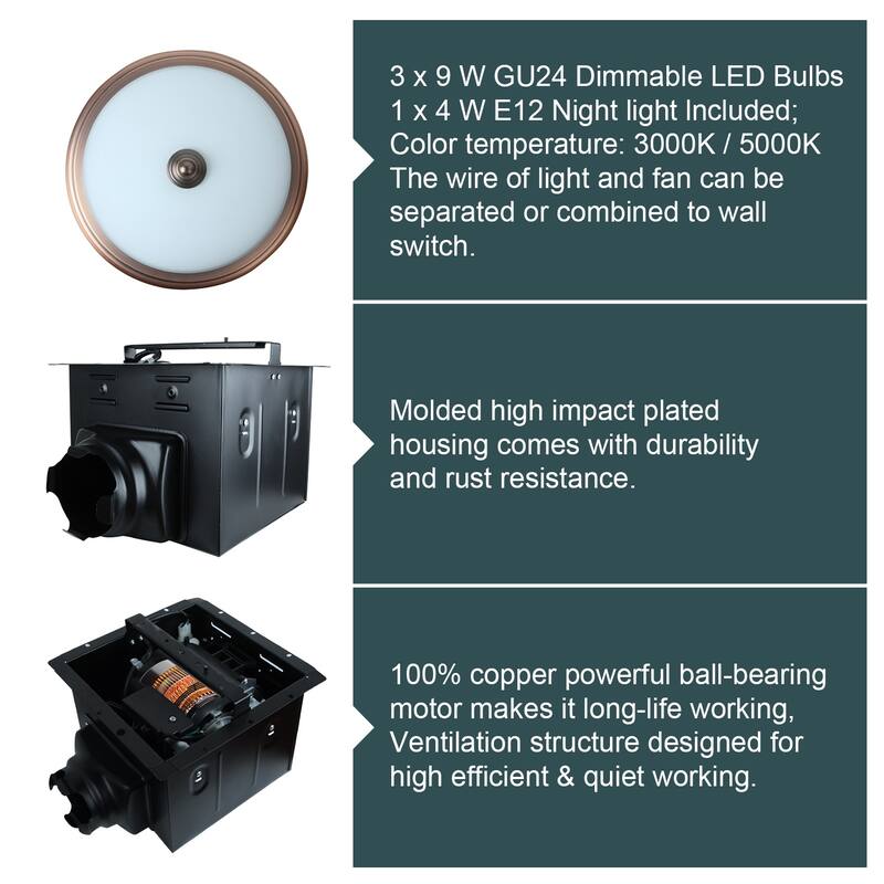 Ultra Quiet Bathroom Exhaust Fan with LED Light and Nightlight 110CFM 1.5 Sone with Round Frosted Glass Cover