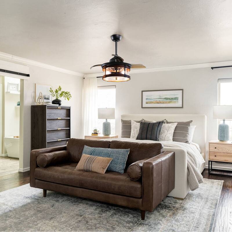 Industrial 3-Blade 3-Light Black and Brown Retractable Caged Ceiling Fan with Light Kit and Remote - 36 Inches