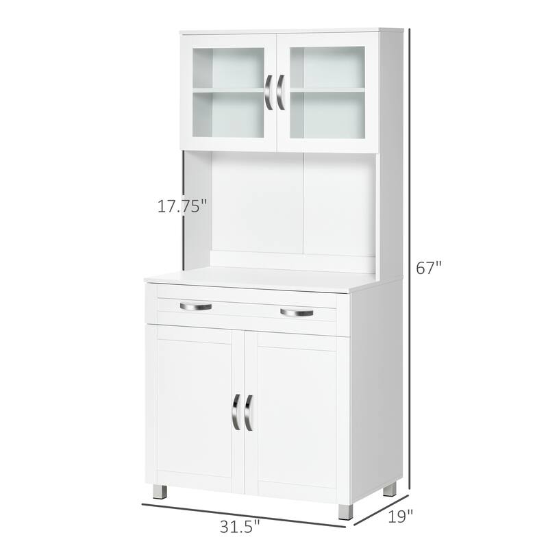 Contemporary White Storage Drawer Cabinet with Glass Doors and Adjustable Shelves for Kitchen - 31.5" W x 19" D x 67" H