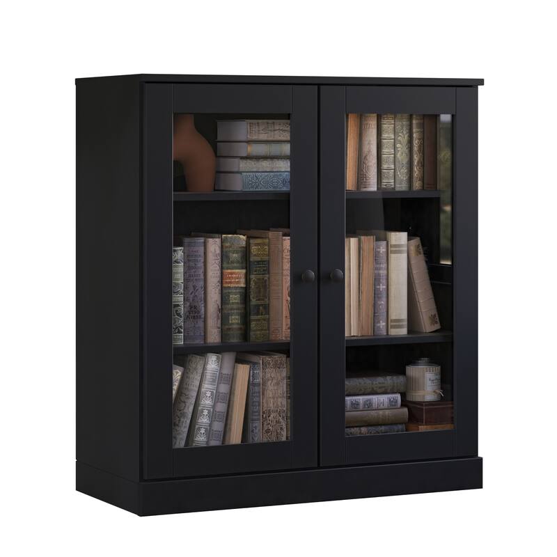 Palace Imports 100% Solid Wood 3-Shelf Bookcase, Clear Glass Doors, Adjustable Shelves, 32" Wide, 35.75" Tall