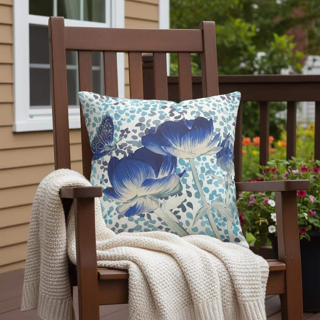 HomeRoots 18" x 18" Blue and White Butterfly Blown Seam Floral Indoor Outdoor Throw Pillow - 18.00' X '5.00' X '18.00