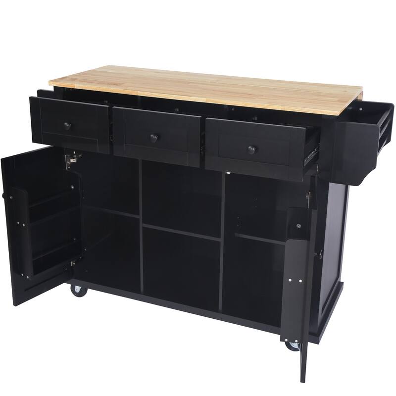 53.10 '' Rubberwood Kitchen Cart with Drop-Leaf, Adjustable Shelf, Rolling Wheels, and 3 Drawers - 53.1'' x 29.5'' x 37.2''