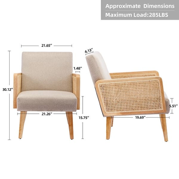 dimension image slide 2 of 4, Rattan Armrest Fabric Upholstered Accent Chair