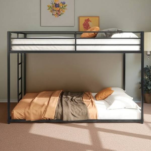 slide 2 of 15, Full Over Full Metal Bunk Bed with Reversible Ladder and Guardrails, Low Profile Design Black