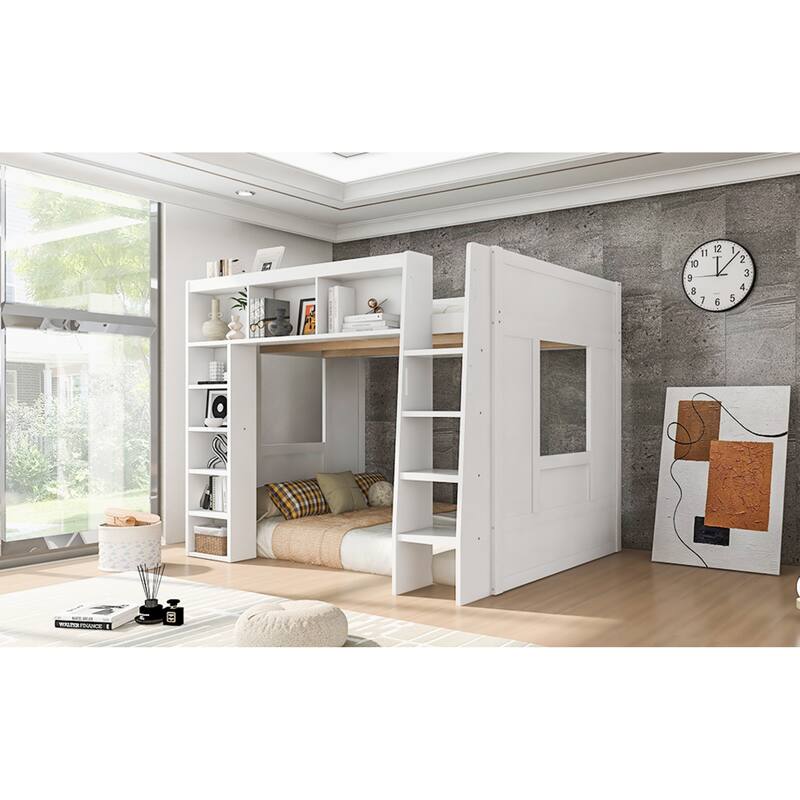 Roomfitters Queen Size Loft Bed with Storage Cabinets and Bookshelves