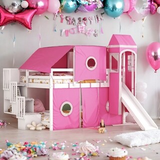 Full Size Loft Bed with Tent and Tower,Spacious Under Bed Space