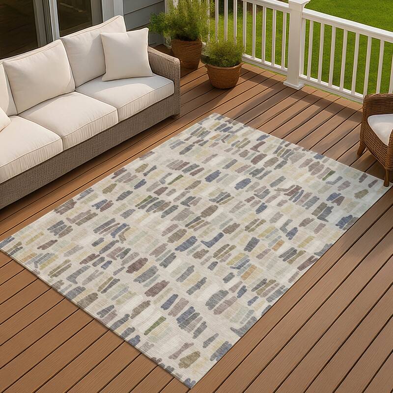 Machine Washable Indoor/ Outdoor Modern Mosaic Chantille Rug - Linen - 3' x 5'