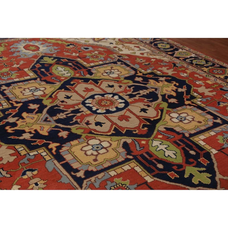 Orange Medallion Heriz Serapi Indian Large Rug Handmade Wool Carpet - 9'11"x 13'9"