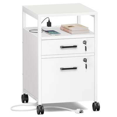 File Cabinet with Lock & Charging Station, 2 Drawers Rolling office File Cabinet with Wheels & Open Shelf, A4/Letter Size Files