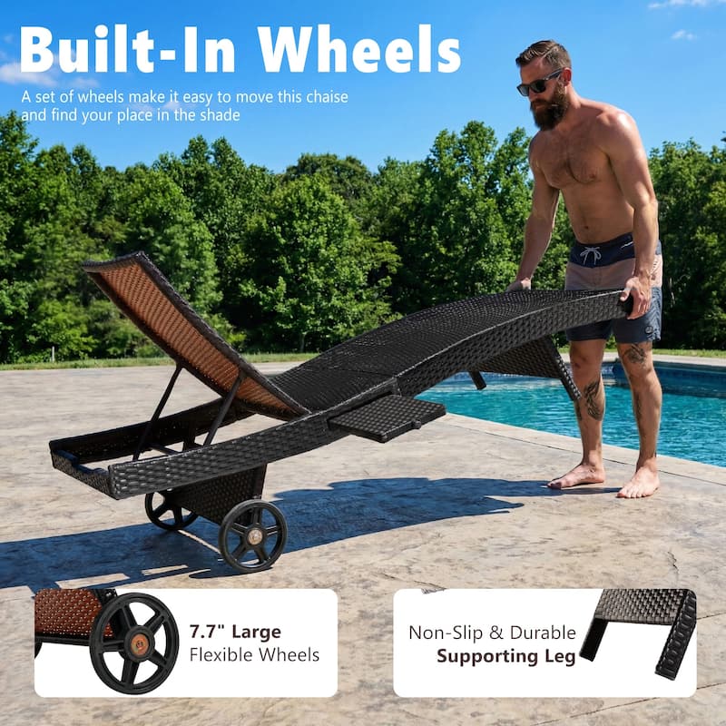 80"Patio Chaise Lounge Chairs Set of 2, Rattan Reclining Chair w/Rolling Wheels & Pull-out Side Table, Adjustable Backrest