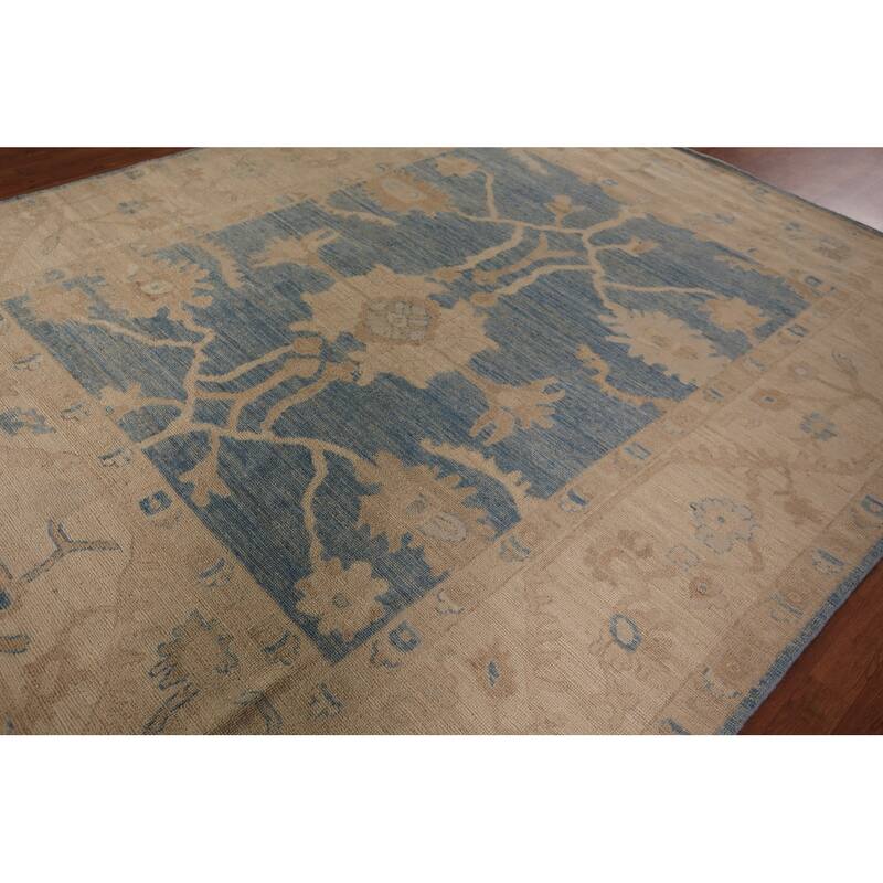 Vegetable Dye Blue Oushak Turkish Area Rug Hand-Knotted Wool Carpet - 8'2" x 9'11"