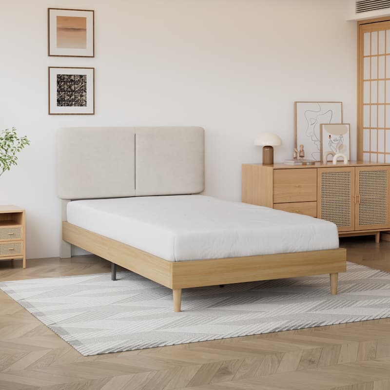 Javlergo Upholstered Bed Frame with Linen Fabric Adjustable Headboard Strong Wood Slats Supports No Box Spring Needed