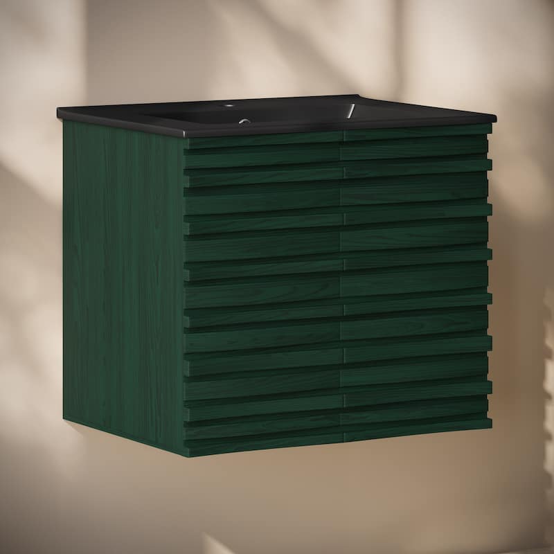 Cascade 24" Wall-Mounted Bathroom Vanity In Green Oak With Black Sink Top - 24