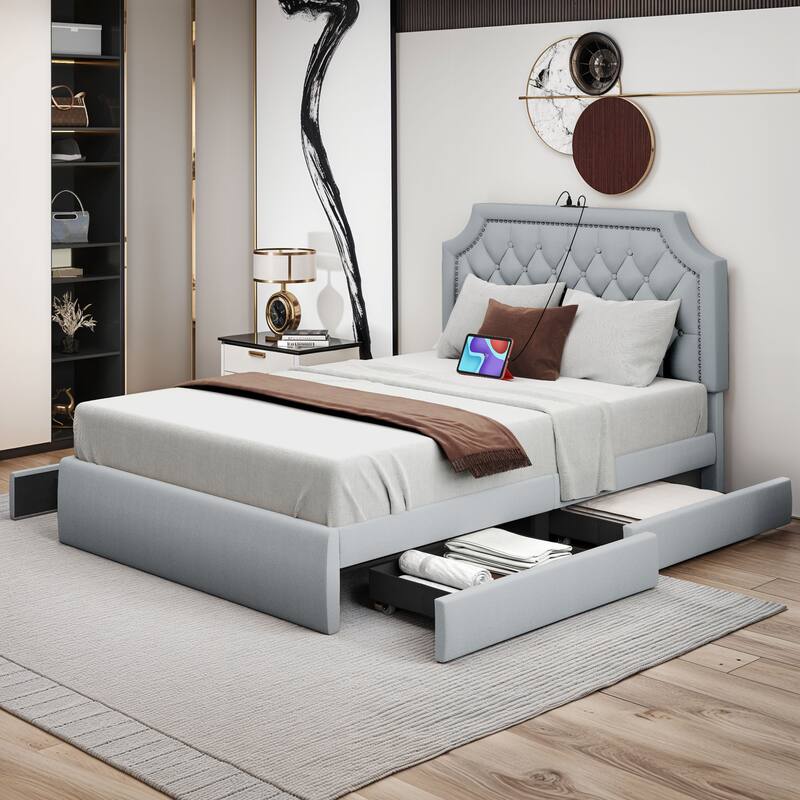 Moasis Velvet/Linen Upholstered Bedframe with Adjustable Headboard and 4 Storage Drawers