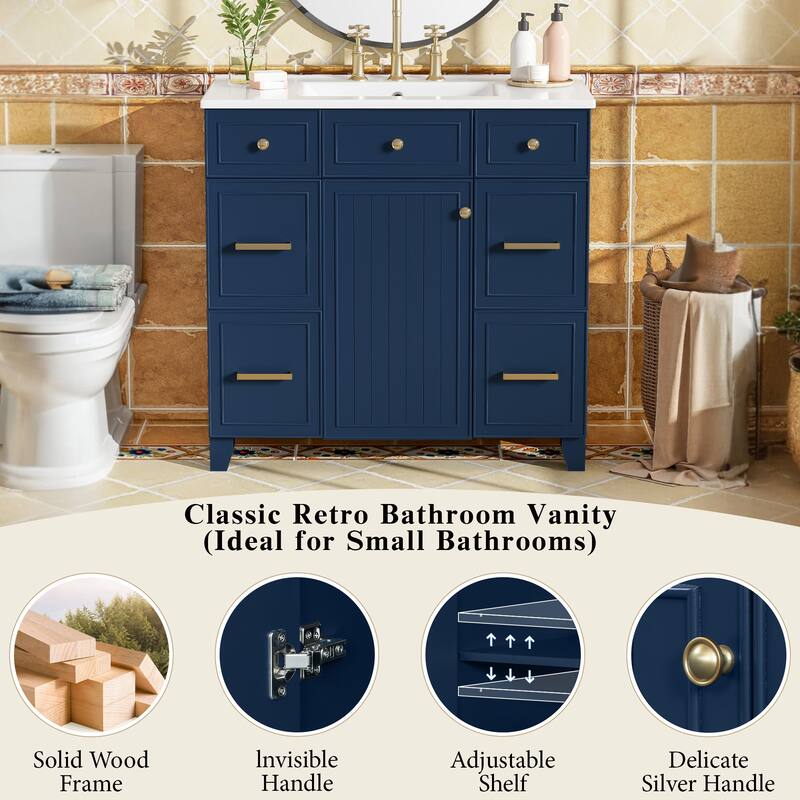 36 Inch Freestanding Bathroom Vanity with Sink, Soft Close Doors, Adjustable Shelves & Double-Depth Drawer