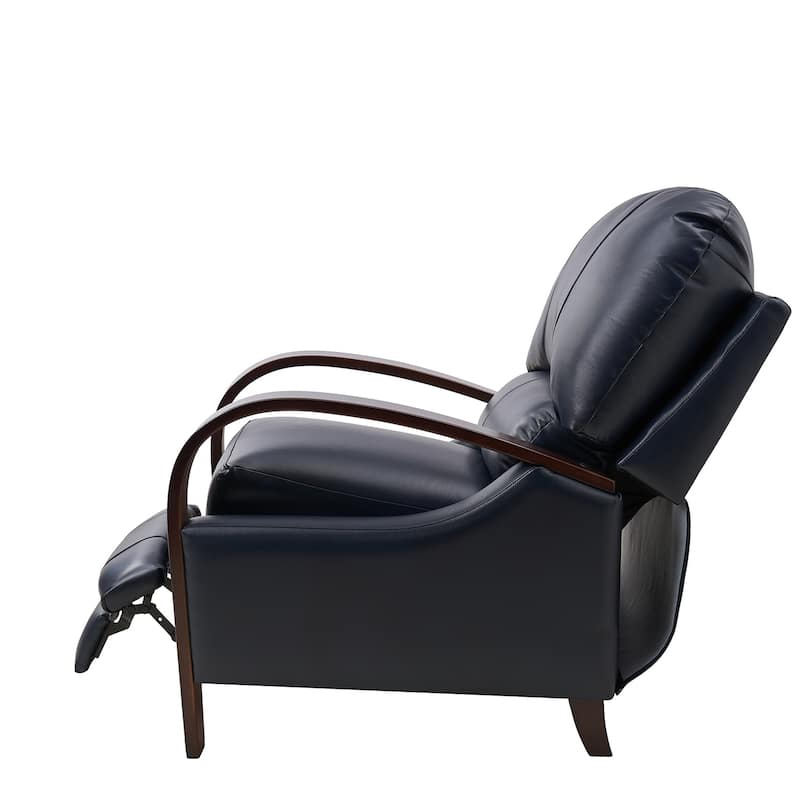 Alex Mid-century Modern Genuine Leather Manual Recliner with Wooden Curved Arms