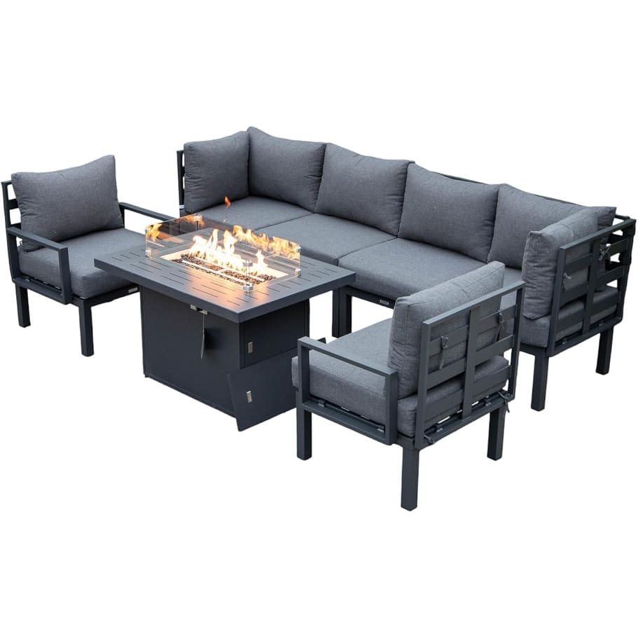 Chelsea Luxury 7-Piece Outdoor Sectional & Firepit Lounge - All-Weather Black Aluminum Frame with Premium UV-Resistant Cushions
