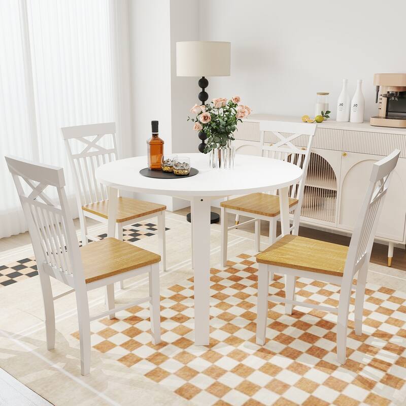 Set of 2 Rubber Wood Dining Chairs with Curved Slatted Backrest and Natural White Finish for Kitchen