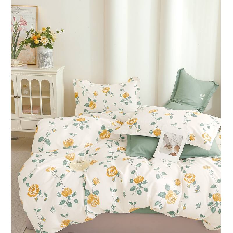 Blooming Casa Yellow Floral 100% Cotton Duvet Cver Set Queen/Full