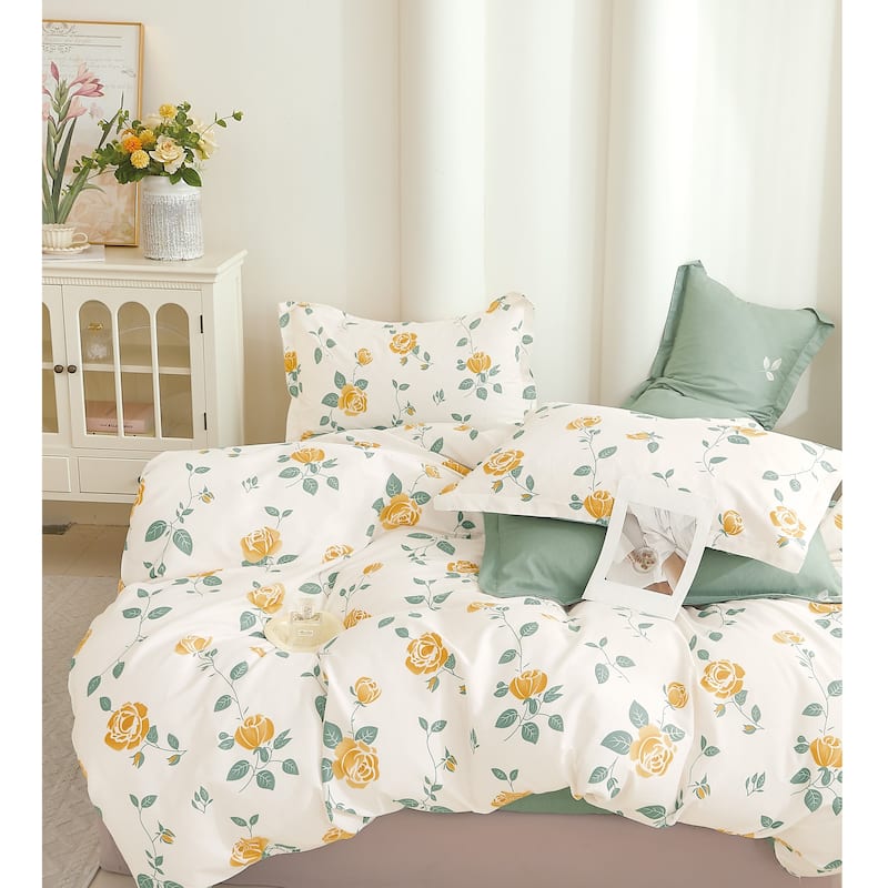 Blooming Casa Yellow/Green Rose Floral 100% Cotton Reversible Comforter Set Queen