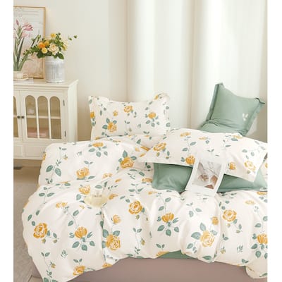 Blooming Casa Yellow/Green Rose Floral 100% Cotton Reversible Comforter Set Queen