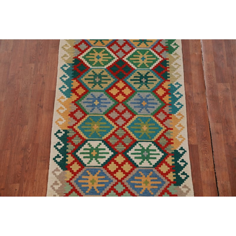 Multicolored Kilim Runner Rug Hand-Woven Geometric Wool Carpet - 2'10" x 16'0"