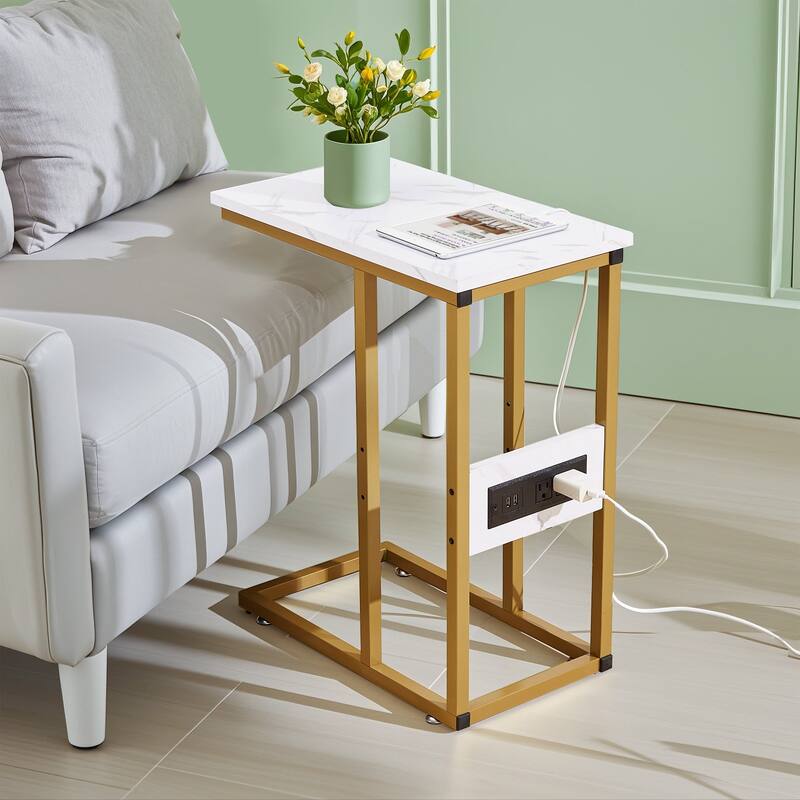 Javlergo Set of 2 C-Shaped End Tables with Charging Station Outlets & USB Fits Sofa Bed for Small Spaces Nightstand & Sofa Table