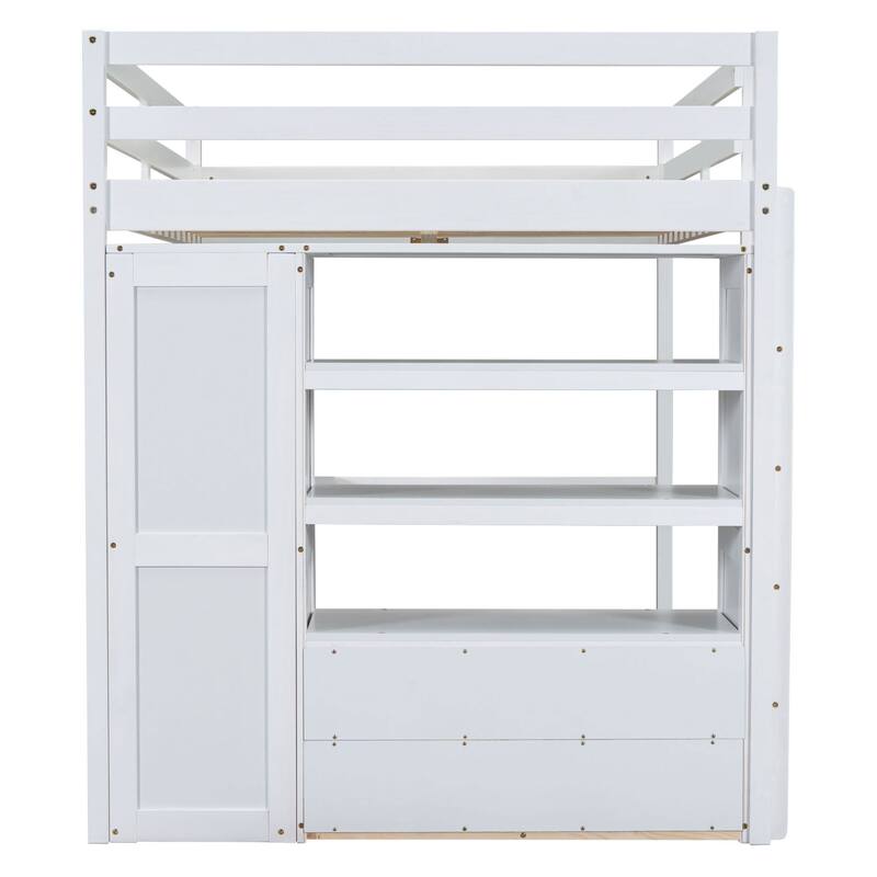 Full Size Pinewood Loft Bed with Built-in Study Desk and Wardrobe, Storage Shelves and 2 Drawers, Full-length Guardrails