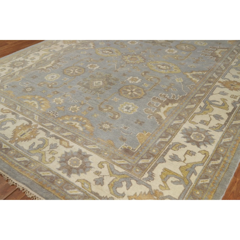 Light Blue & Ivory Oushak Indian Area Rug Handmade Wool Carpet - 9'1" x 11'11"