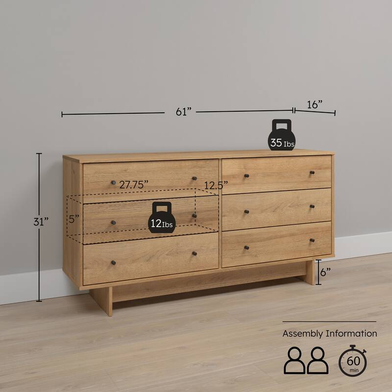 Prepac Finnley 6-Drawer 61" W Dresser, Modern Clothing Organizer for Home, Bedroom, Living Room