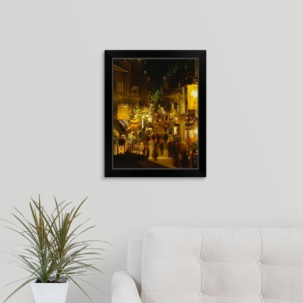 "High angle view of buildings lit up at night, Quebec, Canada" Black Framed Print