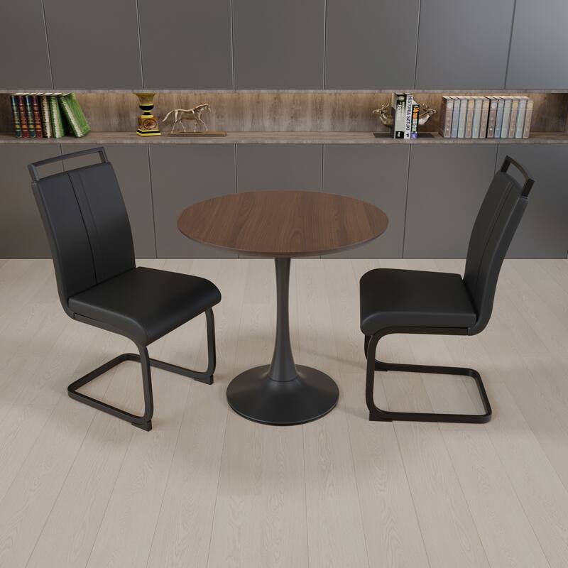 Modern Round Kitchen Table Set with 2 Black PU Upholstered Chairs, Walnut Table & Chairs Set Bar Set - Walnut