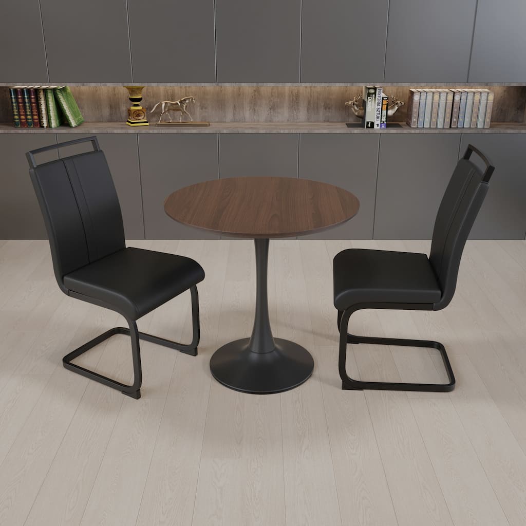 Modern Round Kitchen Table Set with 2 Black PU Upholstered Chairs, Walnut Table & Chairs Set Bar Set