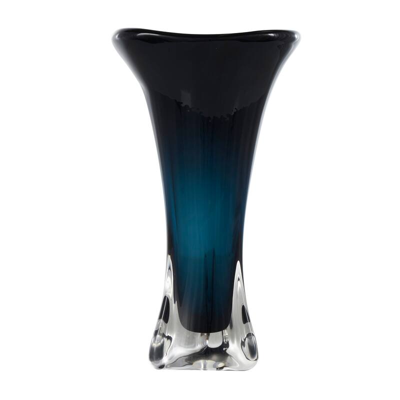 Dark Blue Glass Ombre Tulip Abstract Vase with Clear Base