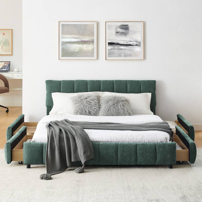 Comfortable Upholstered Bed Frame, Chenille Fabric, With Headboard And Solid Bed Frame