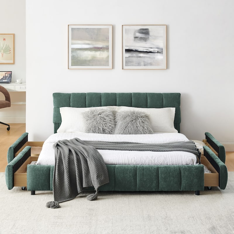 Modern Upholstered Queen Platform Bed Frame w/4 Storage Drawers, Soft Headboard, Grounded Chenille Fabric Bed Frame for Bedroom