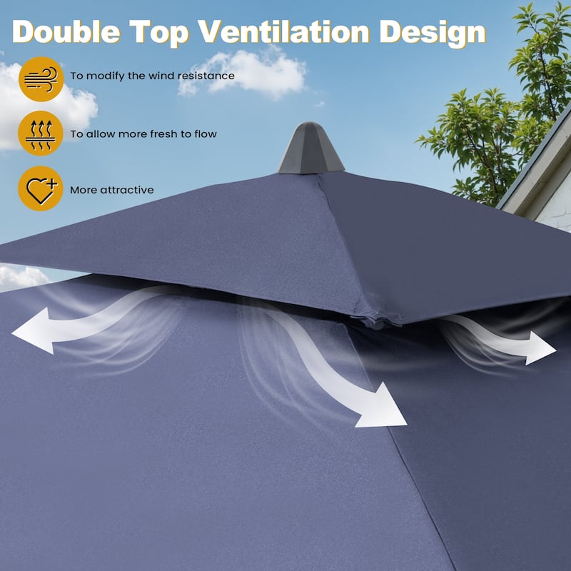 9PC Outdoor Patio Dining Set Wood-Like Aluminum Table with Stackable Armchairs,Double Top Market Umbrella and Wheel Base