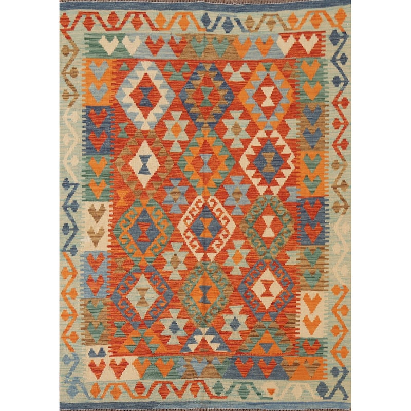 Hand Woven Oriental 100% Wool Carpet Southwestern Geometric Oranges & Rust Kilim Area Rug - 6' 4'' X 5' 0''