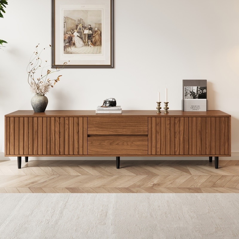 71" Walnut Fluted TV Stand | Modern Media Console with 2 Drawers & Cabinets | Wood Storage Entertainment Center for Living Room